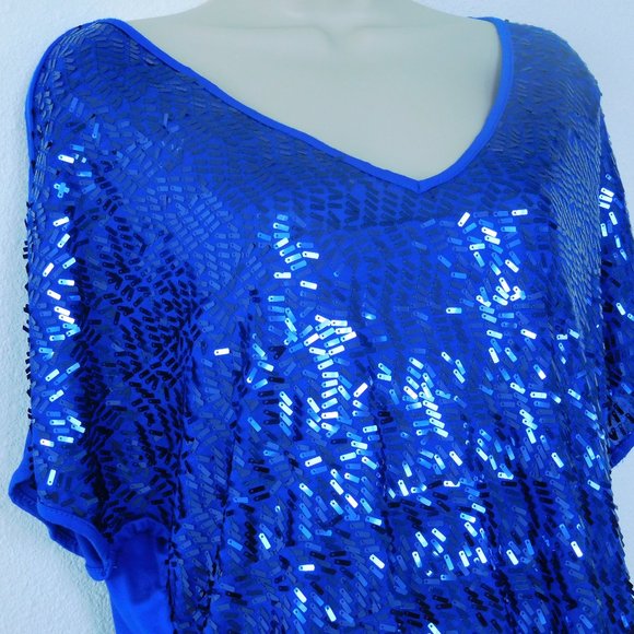 Dress Barn Top Large Petite Blue Sequined Sparkly Evening Blouse - Picture 7 of 15